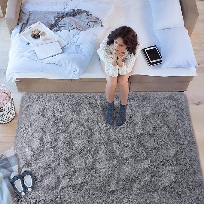 Softlife Grey 4x5.3 Feet Area Rug for Living Room Bedroom Super Soft Shaggy Rugs for Boys Girls Kids Room Fluffy Fuzzy Carpets Long Plush Bedside Rug Nursery Christmas Home Decoration - LeafyLoom