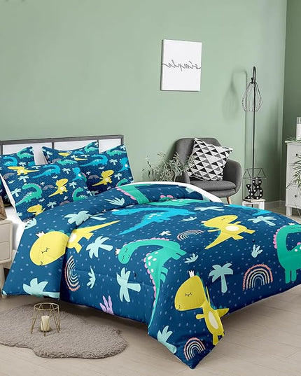NINENINE Dinosaur Bedding Sets Twin Comforter Sets for Boys,Dark Blue Dinosaur Bedding Sets,Kawaii Cartoon Comforter Sets with 1 Comforter 1Pillowcase - LeafyLoom