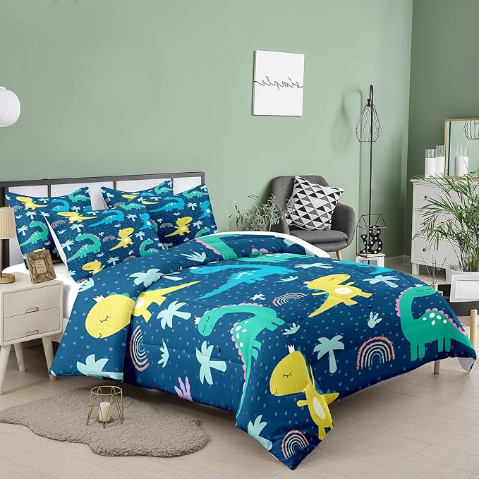 NINENINE Dark Blue Dinosaur Comforter Sets,Full Bedding Sets for Boys,Dinosaur Comforter Sets for Kids,Cartoon Bedding Sets with 1 Comforter 2Pillowcases - LeafyLoom