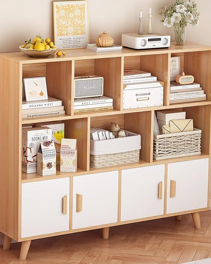 Cubby Shelf Bookcase with Doors - Wooden 11 Cube Floor Standing Open Bookshelf with Solid Wood Legs, 3-Tier Storage Cabinet, Oak and Warm White - LeafyLoom