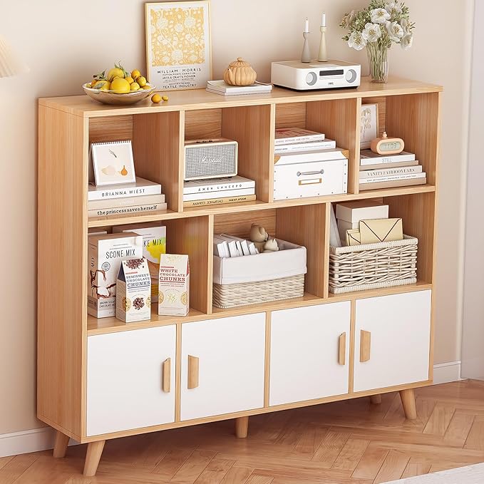 Cubby Shelf Bookcase with Doors - Wooden 11 Cube Floor Standing Open Bookshelf with Solid Wood Legs, 3-Tier Storage Cabinet, Oak and Warm White - LeafyLoom