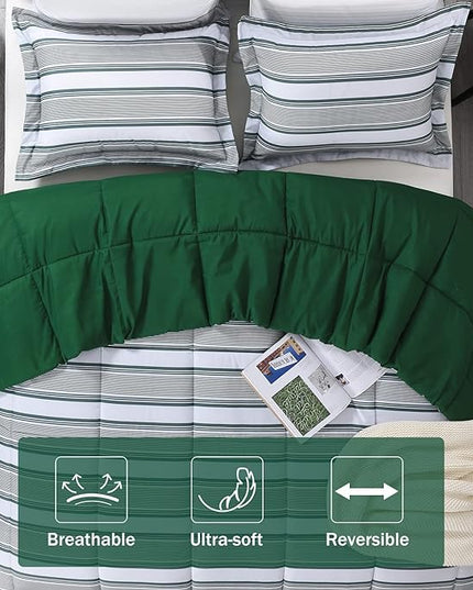 downluxe Queen Comforter Set(88"x92") 3-Piece,Stripes Green Reversible Comforter,2 Reversible Pillow Shams 20"x26",Microfiber Queen Comforter,Soft and Comfortable - LeafyLoom