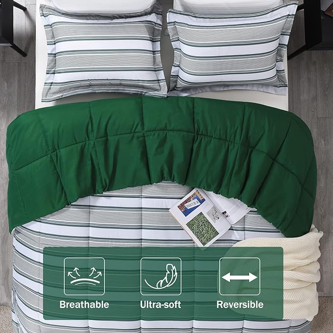 downluxe Queen Comforter Set(88"x92") 3-Piece,Stripes Green Reversible Comforter,2 Reversible Pillow Shams 20"x26",Microfiber Queen Comforter,Soft and Comfortable - LeafyLoom