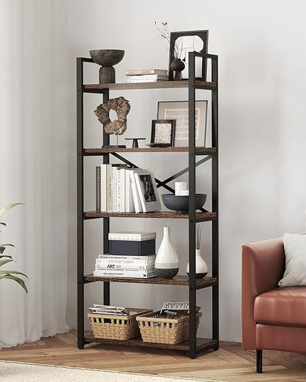 5 Tier Bookshelf Rustic Industrial Style, Storage Shelves, Metal Book Shelves Bookcase Book Shelf Display Shelf for Home Office, Living Room, Bedroom, Kitchen (23.6" W, Brown) - LeafyLoom