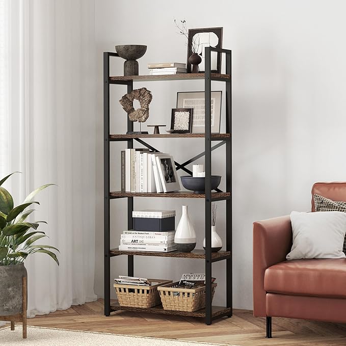 5 Tier Bookshelf Rustic Industrial Style, Storage Shelves, Metal Book Shelves Bookcase Book Shelf Display Shelf for Home Office, Living Room, Bedroom, Kitchen (23.6" W, Brown) - LeafyLoom