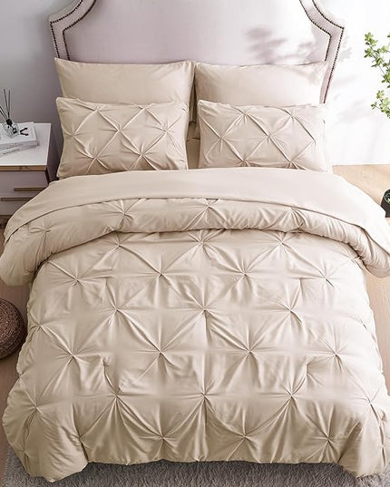 Ubauba 7pc Beige Comforter Set Full Size, 7 Piece Pintuck Bed in a Bag Ivory with Comforters and Sheets, Off White Pinched Pleat Bedding Comforters & Sets (Cream, Full) - LeafyLoom