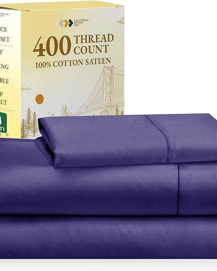 California Design Den Softest 100% Cotton Sheets, Twin Sheets Set, 3 Pc, 400 Thread Count Sateen, Bedding for Dorm Rooms & Adults, Deep Pocket Sheets, Cooling Twin Bed Sheets (Dark Purple) - LeafyLoom