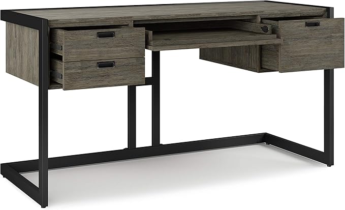 SIMPLIHOME Hampden SOLID ACACIA WOOD Modern Industrial 60 Inch Wide Desk in Weathered Grey, For the Office Desk, Writing Table, Workstation and Study Table - LeafyLoom