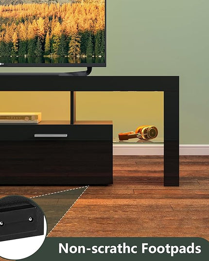 Clikuutory Modern LED 63 inch Long TV Stand with Large Storage Drawer for 50 55 60 65 70 75 Inch TVs, Black Wood TV Console with High Glossy Entertainment Center for Living Room, Bedroom, Black - LeafyLoom