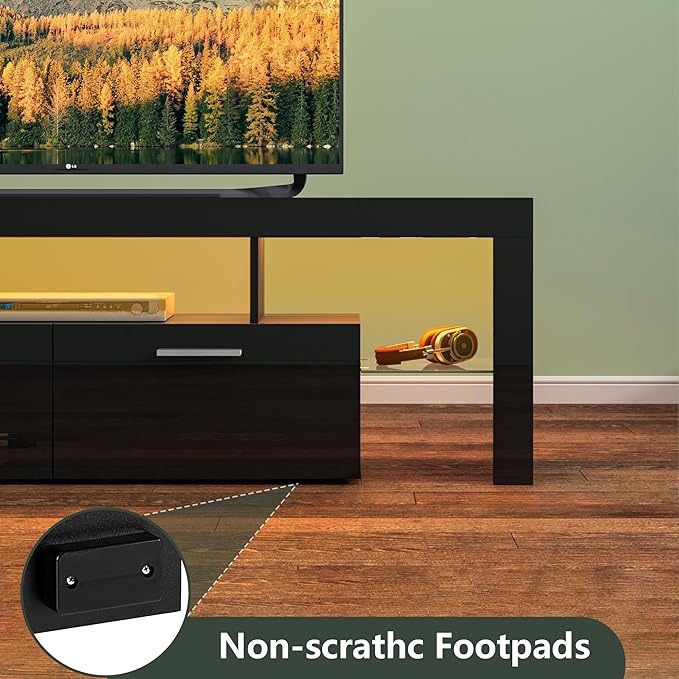 Clikuutory Modern LED 63 inch Long TV Stand with Large Storage Drawer for 50 55 60 65 70 75 Inch TVs, Black Wood TV Console with High Glossy Entertainment Center for Living Room, Bedroom, Black - LeafyLoom
