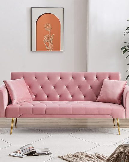 Convertible Folding Futon Sofa Bed Sleeper Lounge Couch,Small Velvet Upholstered Recliner Loveseat Daybed with Adjustable Backrest and Golden Metal Legs Space-Saving Sofabed for Living Room Office - LeafyLoom