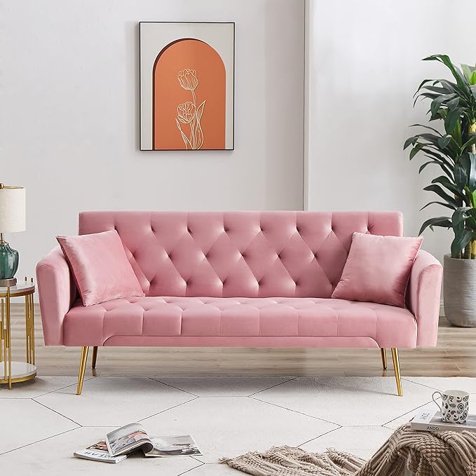 Convertible Folding Futon Sofa Bed Sleeper Lounge Couch,Small Velvet Upholstered Recliner Loveseat Daybed with Adjustable Backrest and Golden Metal Legs Space-Saving Sofabed for Living Room Office - LeafyLoom