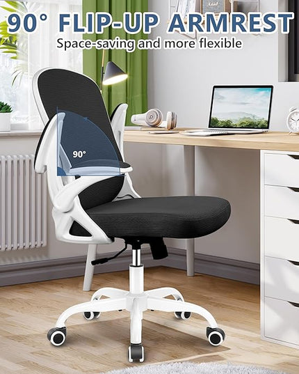 Office Chair Desk Chair, Ergonomic Mesh Computer Chair Home Office Desk Chairs, Swivel Task Chair Mid Back Breathable Rolling Chair with Adjustable Lumbar Support Flip Up Armrest (White) - LeafyLoom