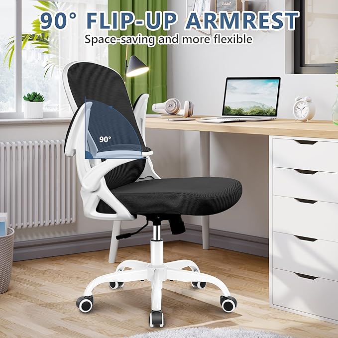 Office Chair Desk Chair, Ergonomic Mesh Computer Chair Home Office Desk Chairs, Swivel Task Chair Mid Back Breathable Rolling Chair with Adjustable Lumbar Support Flip Up Armrest (White) - LeafyLoom