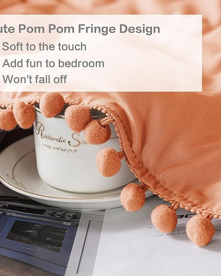 Litanika Comforter Full Size Set Coral,3 Pieces Coral Boho Pom Pom Lightweight Bed Comforter Full,All Season Soft Solid Color Bedding Comforter Sets (1 Comforter 79x90 Inch, 2 Pillowcases) - LeafyLoom