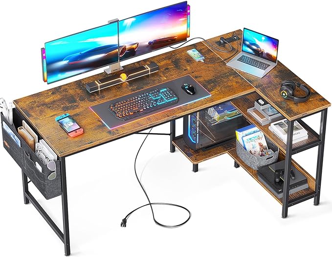 ODK 55 Inch Small L Shaped Gaming Computer Desk with Power Outlets, Reversible Storage Shelves & PC Stand for Home Office, Simple Writing Study Table with Storage Bag for Small Space, Vintage - LeafyLoom