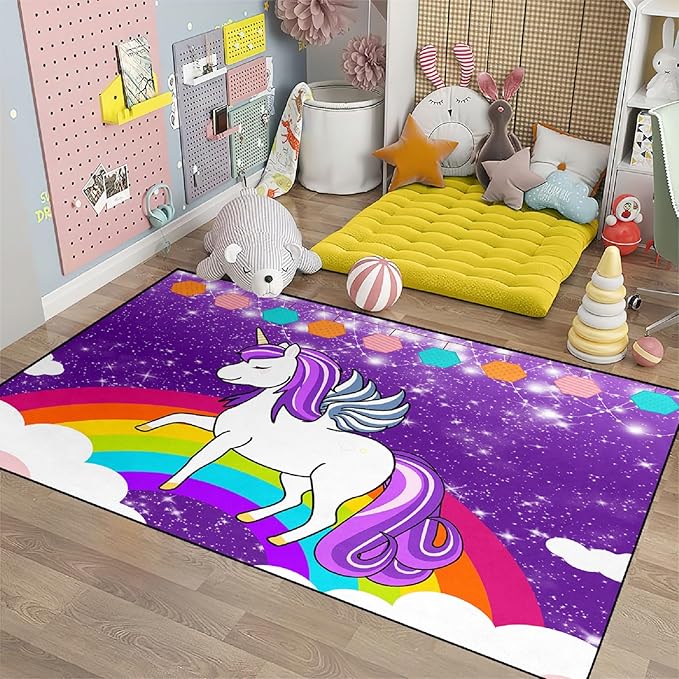 Unicorn Rugs for Girls Bedroom Small Unicorn Area Rugs for Girls Bedroom Rainbow Carpet Kids Unicorn Rugs for Bedroom Girls Living Room Floor Mat, Purple, 2'×3' - LeafyLoom