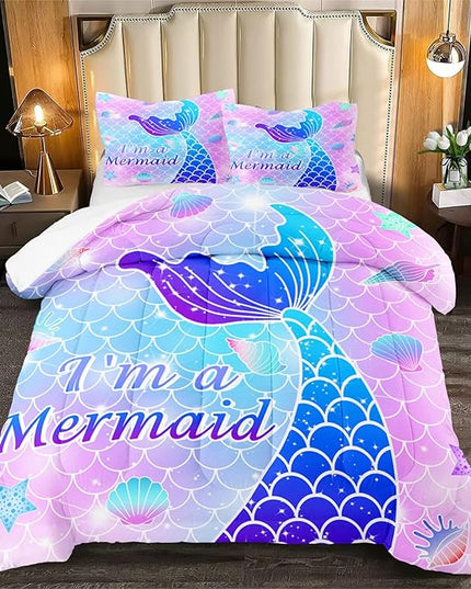 3Pcs Mermaid Girls Comforter Sets Queen Size Ultra Soft Mermaid Fish Scale Patterns Bedding Set Mermaid Bedroom Decor for Girls Mermaid Tail Scales Bed Set, 1 Comforter+2 Pillow Shams - LeafyLoom