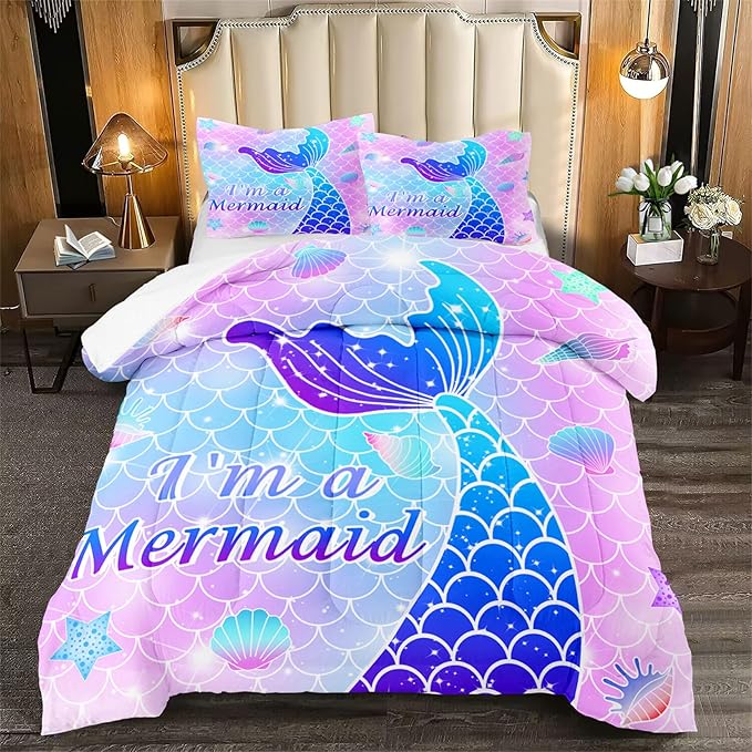 Pink Mermaid Full Size Bedding Set for Girls, Girls Mermaid Comforter Set Full, 3Pcs Mermaid Bedding Full, Ultra Soft Breathable Mermaid Skin Surface Scales Quilt with 2 Pillowcases - LeafyLoom
