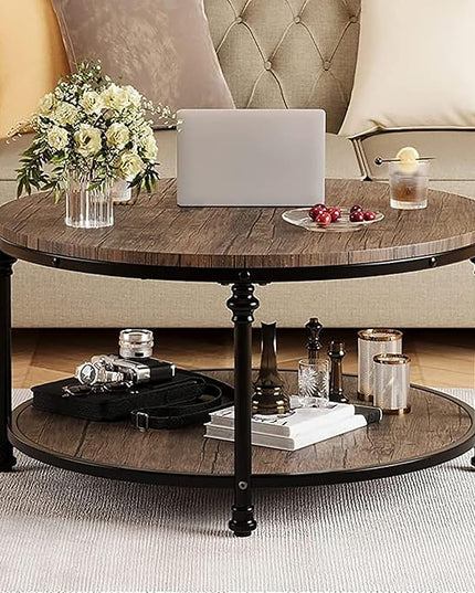 GAOMON Round Coffee Table Rustic Center Table with Storage Shelf 2-Tier Industrial Accent Center Table Wood Circle Coffee Table with Sturdy Metal Legs, Easy Assembly - LeafyLoom