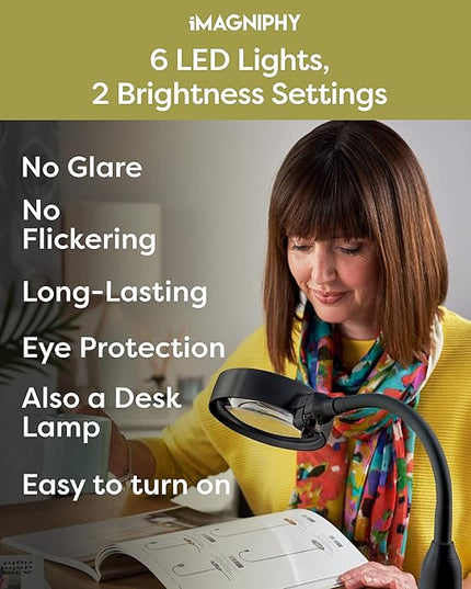 8X Desk Magnifying Light - Magnifying Glass for Reading and Crafts with 6 LEDs (No Glare, No Flickering) - Magnifying Lamp with Light and Stand, 2 Brightness Settings - Ideal for Seniors - LeafyLoom
