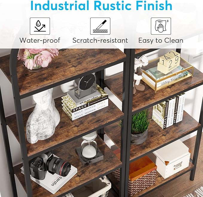 4-tier Arched Bookshelf, Tall Open Bookcase Storage Shelves, Wood Metal Freestanding Display Rack Tall Shelving Unit for Home Office, Bedroom, Living Room, Rustic Brown - LeafyLoom