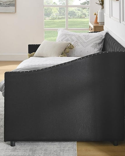 Twin Size Daybed with Two Storage Drawers, Linen Upholstered Tufted Sofa Bed w/Button on Back and Copper Nail on Waved Shape Arms, for Bedroom Living Room, No Box Spring Needed, Black - LeafyLoom