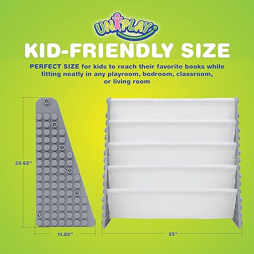 UNiPLAY Kids 4-Tier Book Storage Organizer with Sling Book Pockets, Plastic Sling Rack Bookshelf for Playroom, Fits Blocks, Gray/White - LeafyLoom