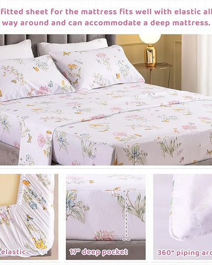 QSH 100% Egyptian Cotton Sheets Full Size Set, Flower Butterfly Plant Pattern Botanical Luxury Cotton Printed Bedding Floral Full Bed Sheets Extra Soft and Breathable 4pcs Deep Pockets Sheets - LeafyLoom
