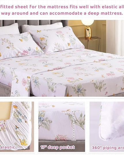 QSH Floral Queen Size Sheet Sets - Flower Butterfly Print Pattern Egyptian Cotton Printed Bedding Sheets Queen Size Bed Extra Soft and Breathable 4pcs Deep Pockets Bed Sheets - LeafyLoom