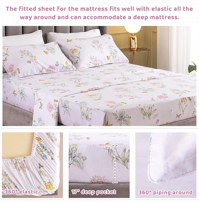 QSH Floral Queen Size Sheet Sets - Flower Butterfly Print Pattern Egyptian Cotton Printed Bedding Sheets Queen Size Bed Extra Soft and Breathable 4pcs Deep Pockets Bed Sheets - LeafyLoom