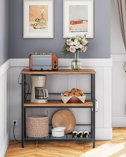 HOOBRO Kitchen Island with Storage, Kitchen Island Table with Power Outlet, 3 Tier Coffee Station and Microwave Stand, for Home, Kitchen and Dining Room, Rustic Brown and Black BF021ZD01 - LeafyLoom