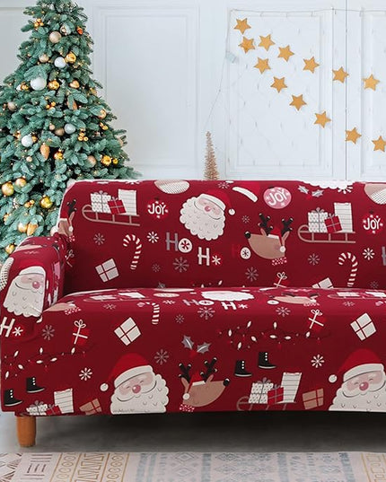 Mybedsoul Christmas Sofa Cover Santa Claus Printed Sofa Couch Cover Washable Furniture Protector with Elastic Bottom Xmas Home Room Festival Decoration(3 Seater) Mybedsoul