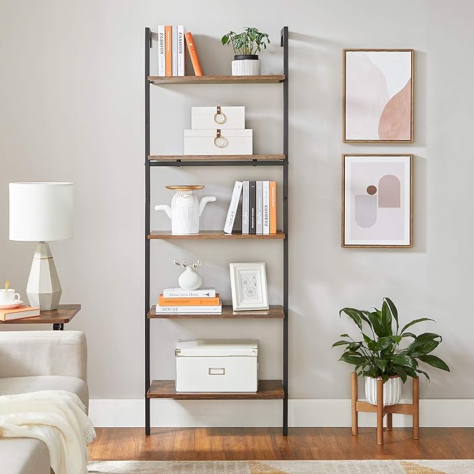 VASAGLE Industrial Ladder Shelf, 5-Tier Bookshelf, Wood Wall Mounted Shelf, Storage Rack Display Shelves for Living Room, Home Office, 23.6 x 11.8 x 67.7 Inches, Rustic Brown and Black ULLS102B01 - LeafyLoom