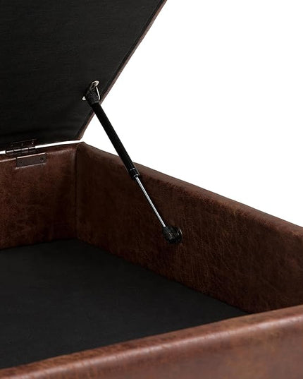SIMPLIHOME Owen 36 Inch Wide Mid Century Modern Square Coffee Table Lift Top Storage Ottoman in Upholstered Distressed Saddle Brown Faux Leather, For the Living Room - LeafyLoom