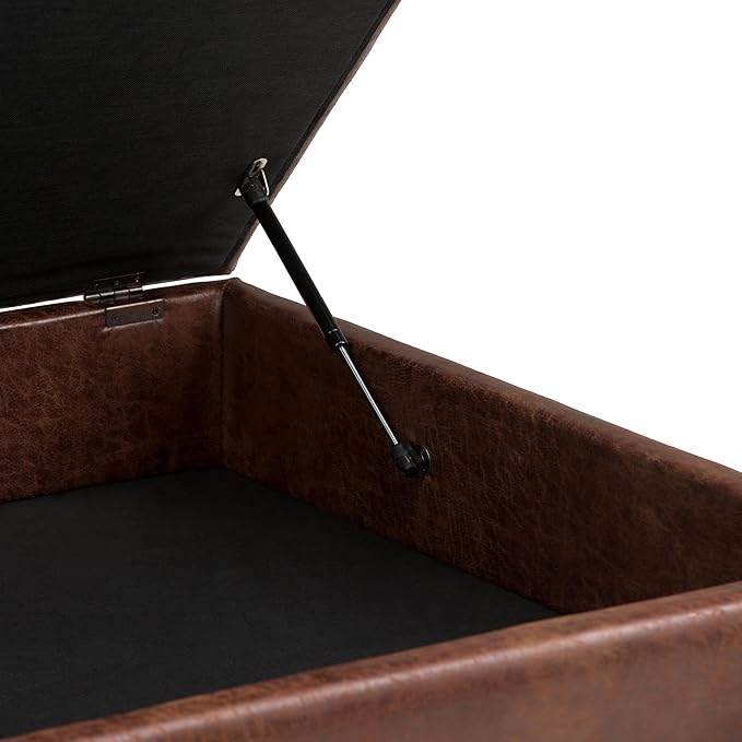 SIMPLIHOME Owen 36 Inch Wide Mid Century Modern Square Coffee Table Lift Top Storage Ottoman in Upholstered Distressed Saddle Brown Faux Leather, For the Living Room - LeafyLoom