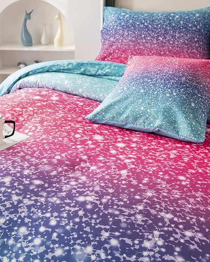 RYNGHIPY 6Pcs 3D Glitter Comforter Bedding Sets for Kids Teens Girls Women, Turquoise Blue Pink Rainbow Quilt Set Queen Size, Ultra Soft Reversible Bed in A Bag - LeafyLoom