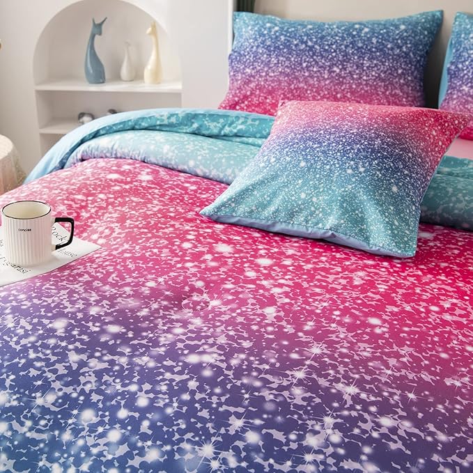 RYNGHIPY 6Pcs 3D Glitter Comforter Bedding Sets for Kids Teens Girls Women, Turquoise Blue Pink Rainbow Quilt Set Queen Size, Ultra Soft Reversible Bed in A Bag - LeafyLoom
