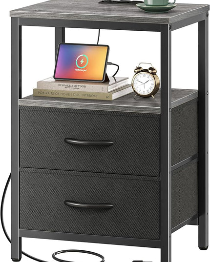 Nightstand with Charging Station, Side Table with Fabric Drawers, End Table with Open Shelf, Bedside Table with USB Ports and Outlets, Night Stand for Bedroom, Charcoal Gray - LeafyLoom
