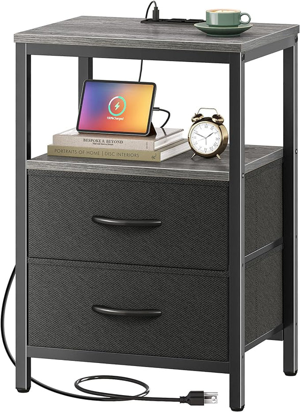Nightstand with Charging Station, Side Table with Fabric Drawers, End Table with Open Shelf, Bedside Table with USB Ports and Outlets, Night Stand for Bedroom, Charcoal Gray - LeafyLoom