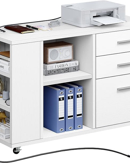 YITAHOME File Cabinet with Charging Station, Mobile Lateral Filing Cabinet with Lock for Home Office, Printer Stand with Open Storage Shelf, Fits A4, Letter, Legal Size Files, Office Furniture, White - LeafyLoom