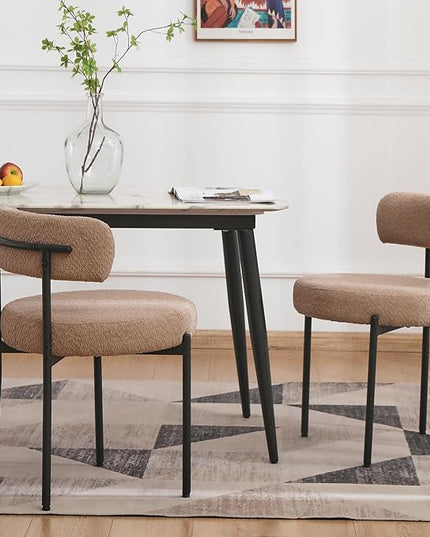 EDWELL Dining Chairs Set of 2, Round Upholstered Dining Room Chairs with Black Metal Legs, Modern Boucle Dining Chair for Dining Room, Kitchen, Living Room, Capacity 330lbs - LeafyLoom