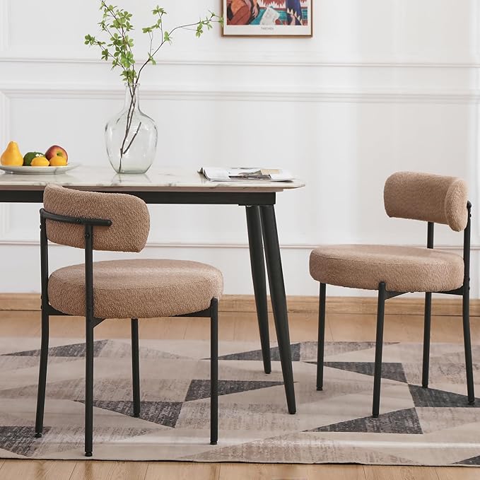 EDWELL Dining Chairs Set of 2, Round Upholstered Dining Room Chairs with Black Metal Legs, Modern Boucle Dining Chair for Dining Room, Kitchen, Living Room, Capacity 330lbs - LeafyLoom