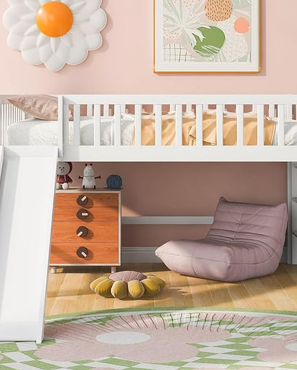Merax Full Size Junior Wood Loft Bed with Slide Loft Bunk Bed for Girls Boys,Easy Assemble,White - LeafyLoom
