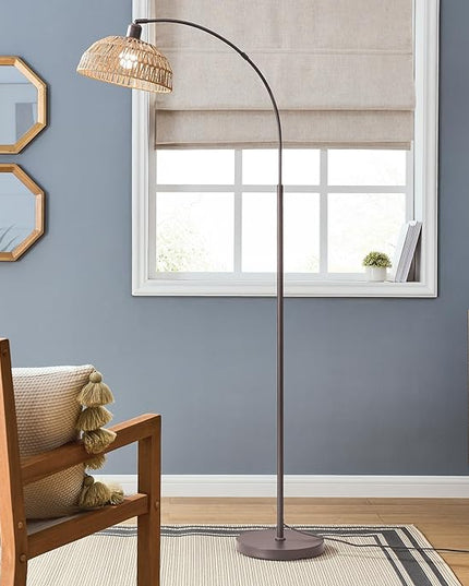 Curved Floor Lamp with Remote Control and Foot Switch Adjustable Hanging Drum Woven Lampshade, Reading Lamp Next to Sofa, Living Room and Bedroom (New Coffee Gold) - LeafyLoom