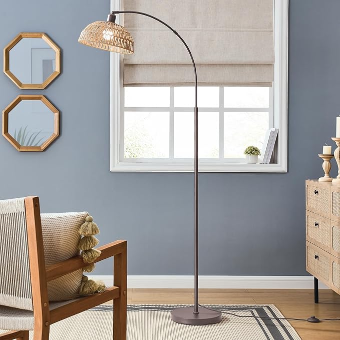 Curved Floor Lamp with Remote Control and Foot Switch Adjustable Hanging Drum Woven Lampshade, Reading Lamp Next to Sofa, Living Room and Bedroom (New Coffee Gold) - LeafyLoom