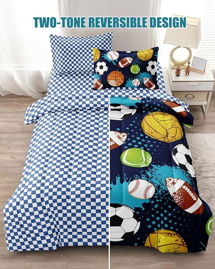 Kids Boys Comforter Set Twin Bed in a Bag w/Sheet Sets, Blue Twin Bedding Sets for Teens Soccer Basketball Baseball Football Sports Themed Bedroom Decor Reversible Design - LeafyLoom