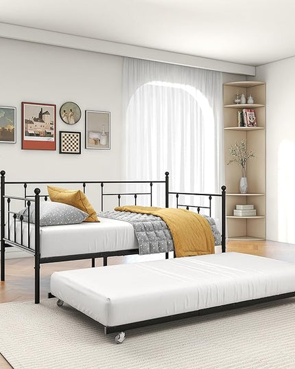 Twin Size Metal Daybed Frame with Trundle,Modern Multifunctional Platform Bed w/Slat Support and Retractable Support Tubes,Easy Assembly,for Guest Room,Bedroom,Living Room,Black - LeafyLoom