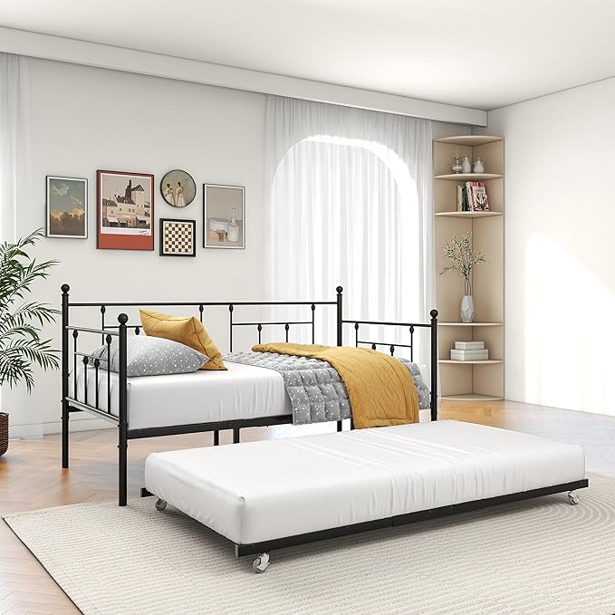 Twin Size Metal Daybed Frame with Trundle,Modern Multifunctional Platform Bed w/Slat Support and Retractable Support Tubes,Easy Assembly,for Guest Room,Bedroom,Living Room,Black - LeafyLoom