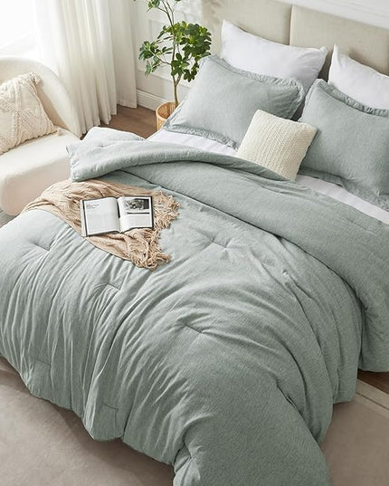 CozyLux Queen Size Comforter Set - 3 Pieces Sage Green Soft Luxury Cationic Dyeing Bedding Comforter for All Season, Breathable Lightweight Fluffy Boho Bed Sets with 1 Comforter and 2 Pillow Shams - LeafyLoom